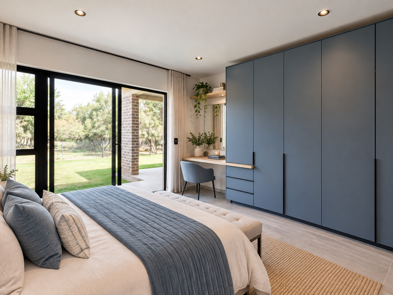 Modern bedroom featuring extensive built-in blue cabinetry, integrated vanity, and large sliding glass doors opening to a private garden view.
