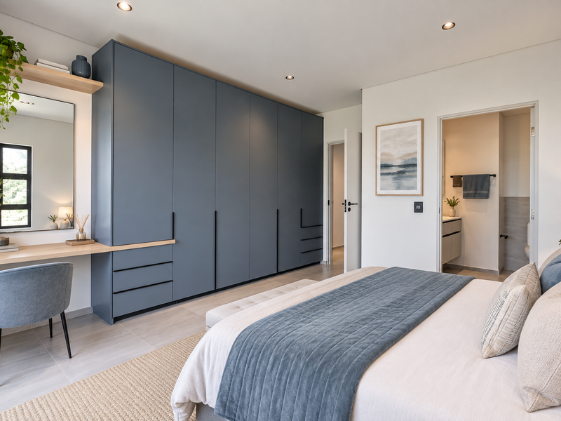 Modern bedroom featuring extensive floor-to-ceiling built-in wardrobes, an integrated vanity desk, recessed lighting, and direct access to an en-suite bathroom.