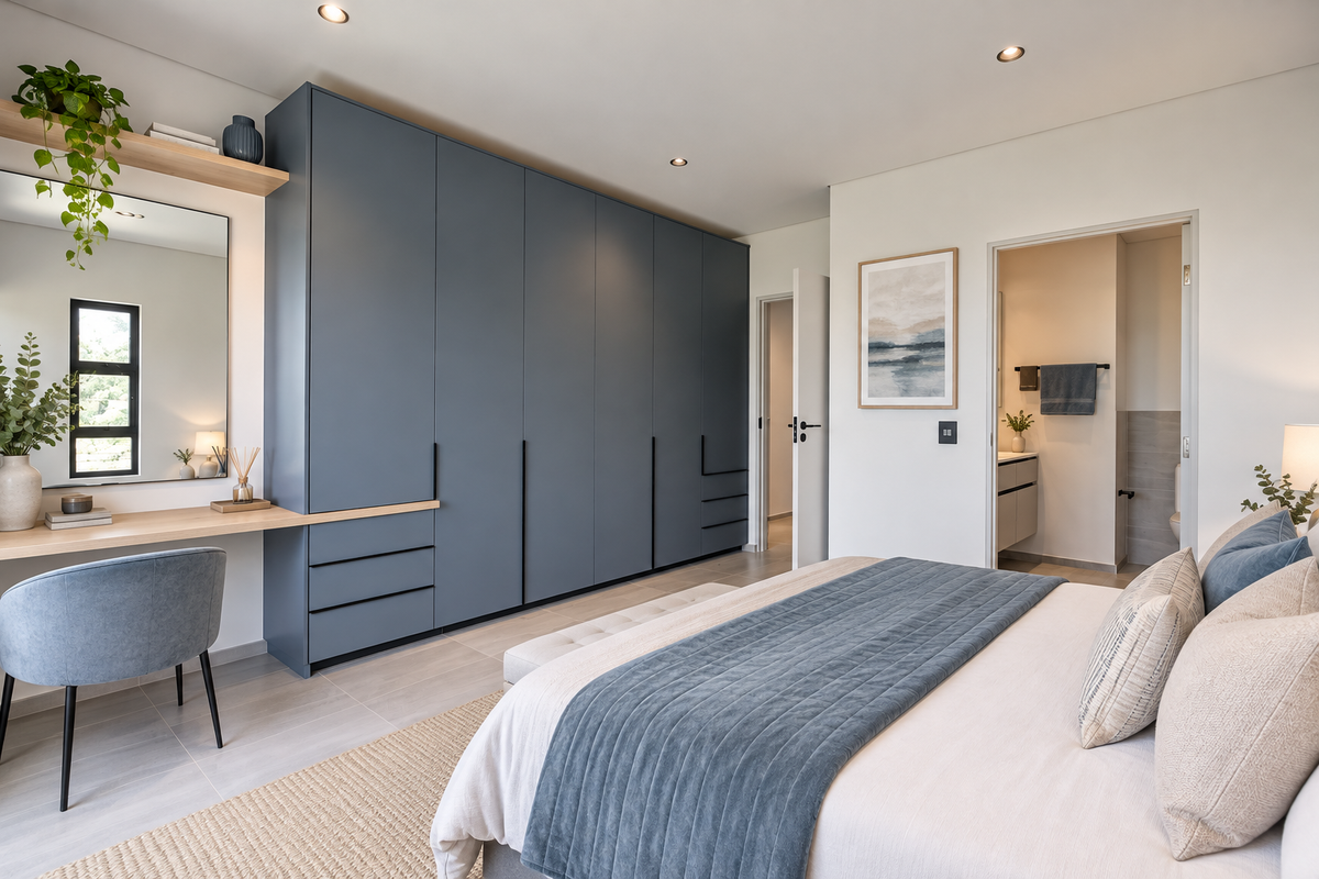 Modern bedroom featuring extensive floor-to-ceiling built-in wardrobes, an integrated vanity desk, recessed lighting, and direct access to an en-suite bathroom.
