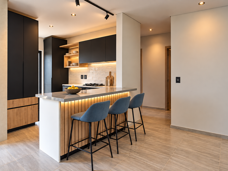 Modern kitchen featuring sleek black cabinetry, wood-paneled breakfast bar with stone countertop, integrated gas hob, and warm under-cabinet lighting.
