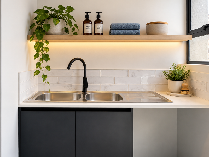 Modern laundry area featuring a stainless steel double sink, black mixer tap, subway tile splashback, and sleek black cabinetry with integrated lighting.