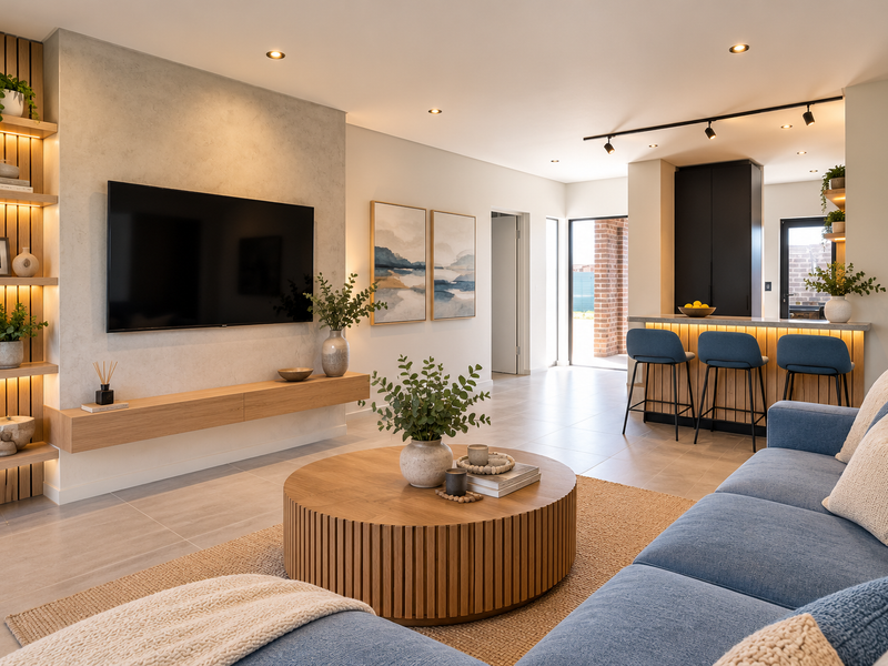 Modern open-plan living and kitchen area featuring tiled floors, recessed lighting, built-in timber shelving, and a sleek kitchen island with breakfast bar seating.