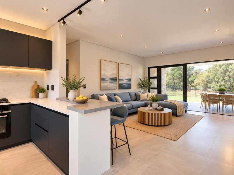 Modern open-plan living area featuring a sleek kitchen with dark cabinetry, stone benchtops, and seamless flow to a covered patio through large sliding glass doors.