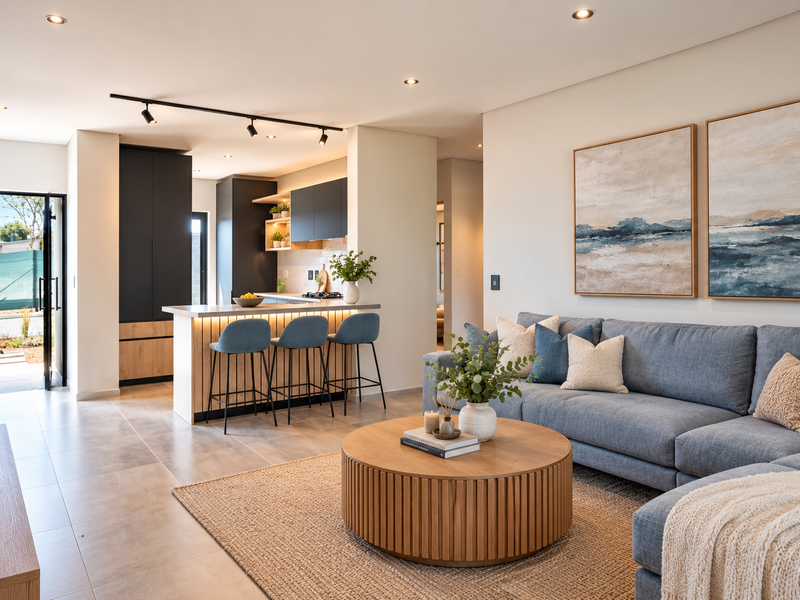 Modern open-plan living area featuring a sleek kitchen with island seating, contemporary cabinetry, and tiled flooring, seamlessly flowing into a bright, well-appointed lounge space.