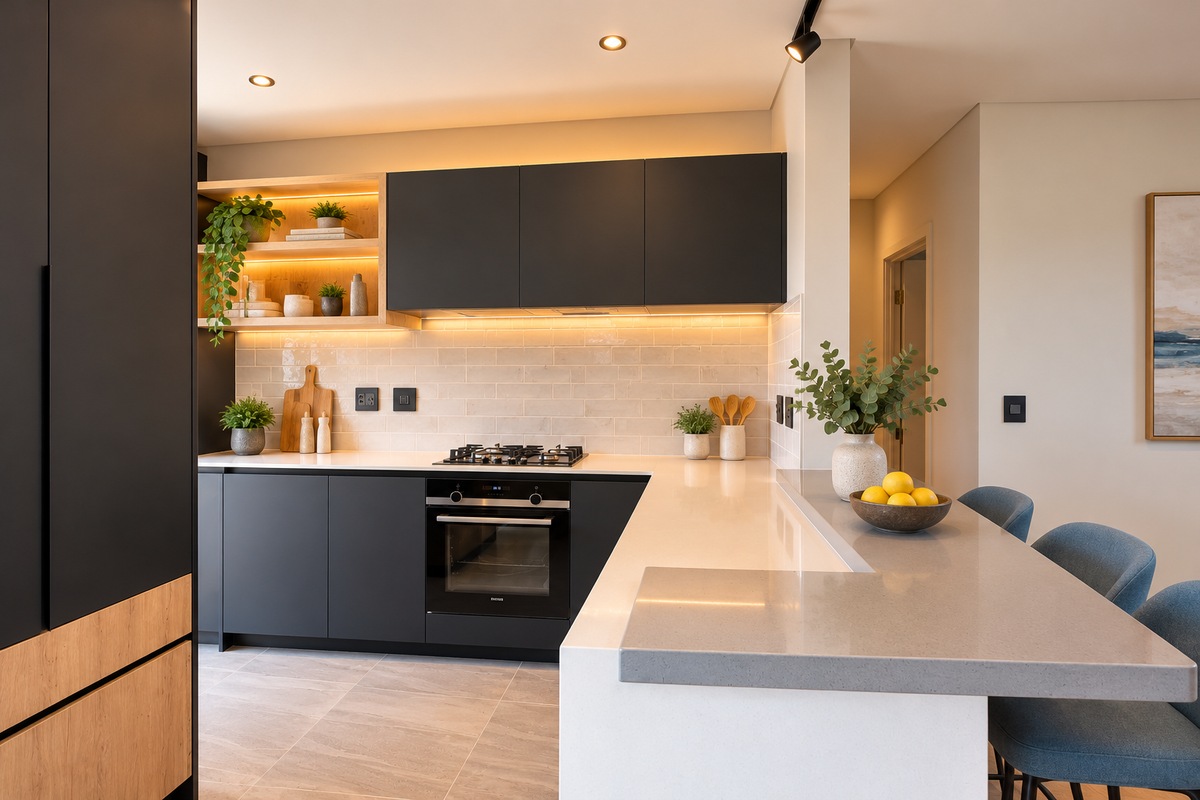 Modern kitchen featuring matte black cabinetry, quartz countertops, a breakfast bar, integrated gas hob, and stylish subway tile backsplash with warm under-cabinet lighting.