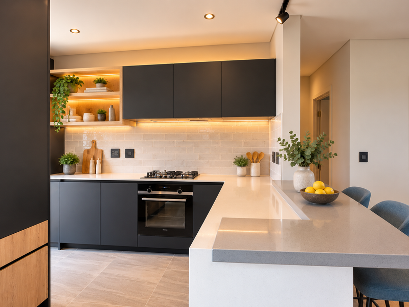 Modern kitchen featuring matte black cabinetry, quartz countertops, a breakfast bar, integrated gas hob, and stylish subway tile backsplash with warm under-cabinet lighting.