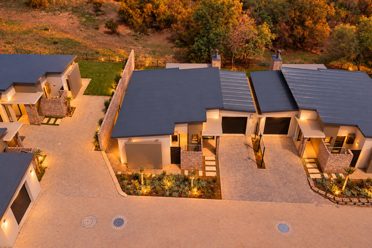 Aerial view of modern retirement village units featuring metal roofing, stone accents, paved driveways, and integrated exterior lighting at dusk.