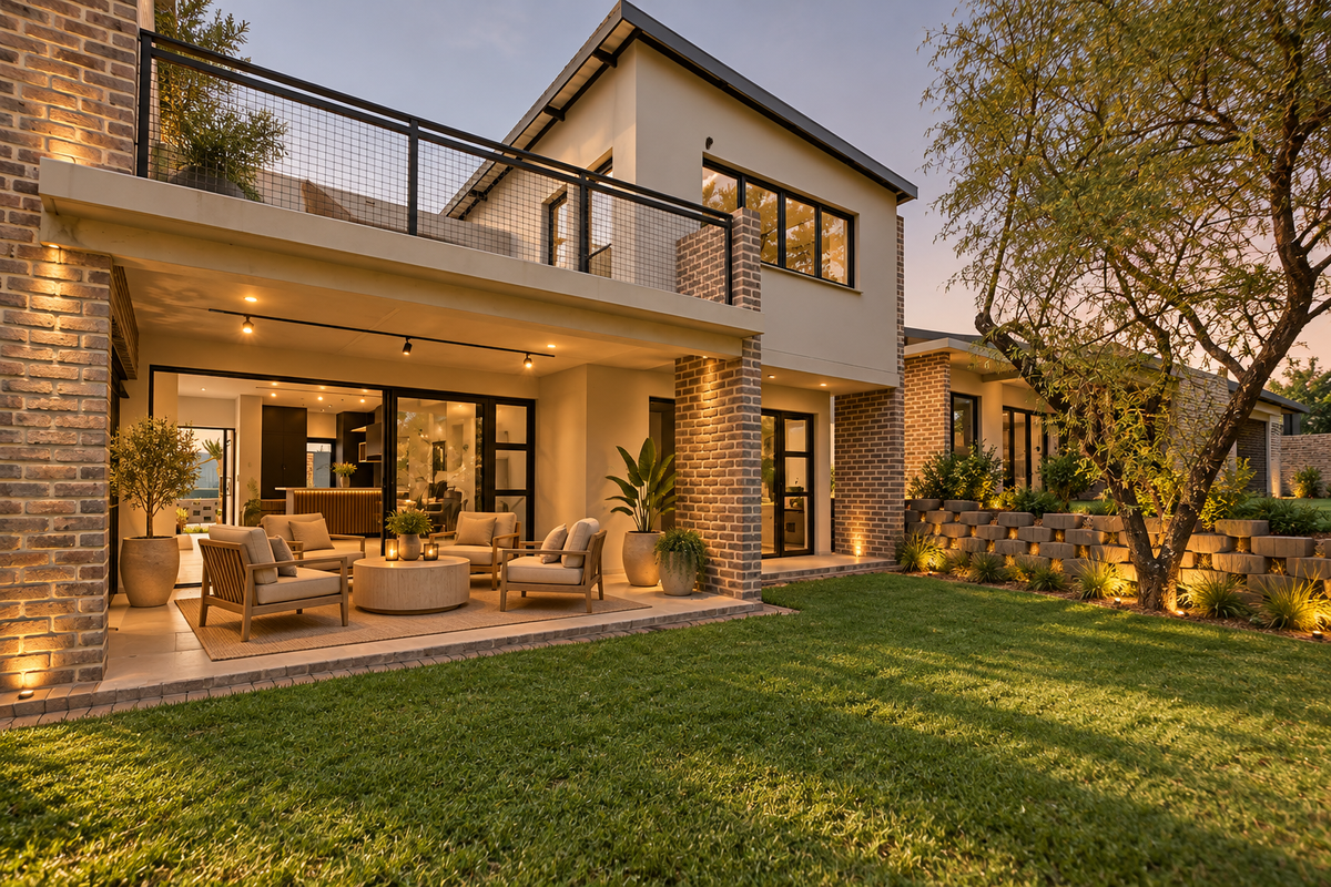 A beautifully presented rear exterior view featuring a covered patio, upper balcony, brick detailing, and a well-maintained garden at dusk.