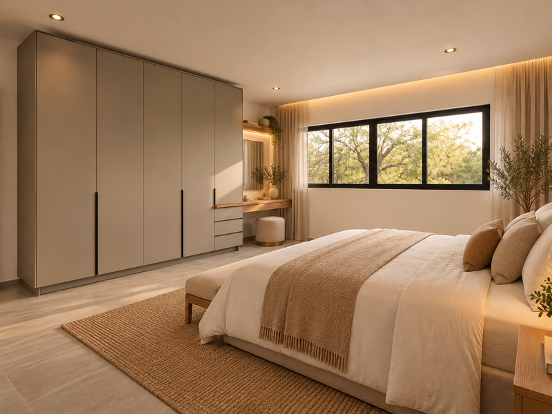 A modern, well-appointed bedroom featuring extensive built-in cabinetry with an integrated vanity, recessed lighting, and large windows overlooking greenery.