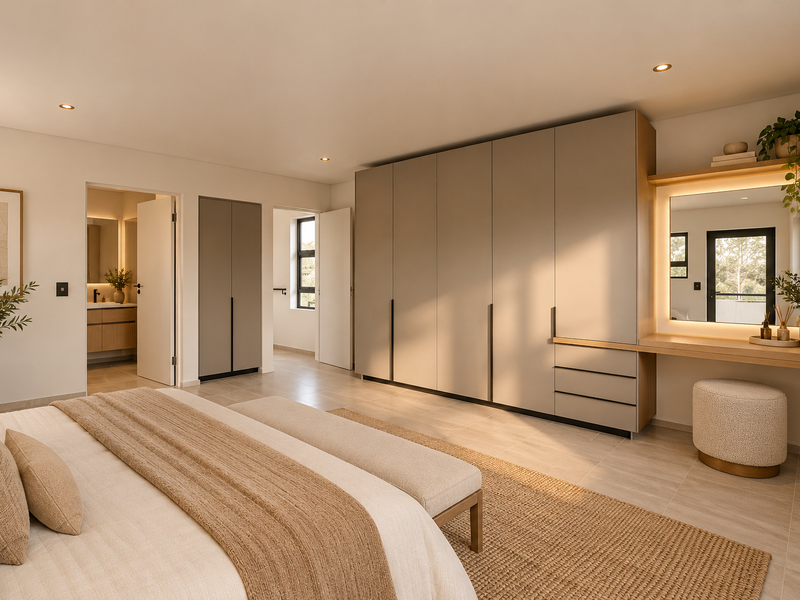 Spacious modern bedroom featuring extensive built-in cabinetry, an integrated vanity with mirror, recessed lighting, and neutral tiled flooring with en-suite access.