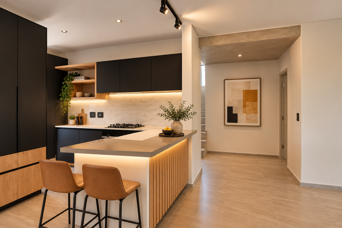 Modern kitchen featuring sleek black and wood-tone cabinetry, stone countertops, integrated gas cooktop, and a stylish breakfast bar with ambient under-counter lighting.