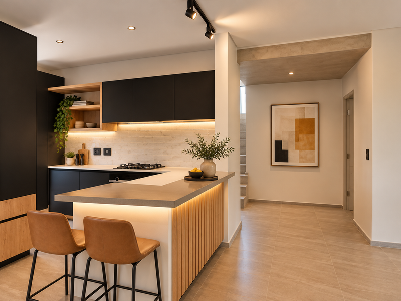 Modern kitchen featuring sleek black and wood-tone cabinetry, stone countertops, integrated gas cooktop, and a stylish breakfast bar with ambient under-counter lighting.