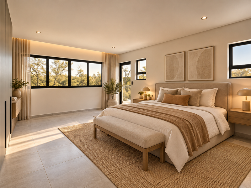 Spacious modern bedroom featuring neutral tones, built-in wardrobes, tiled flooring, and large windows providing ample natural light.