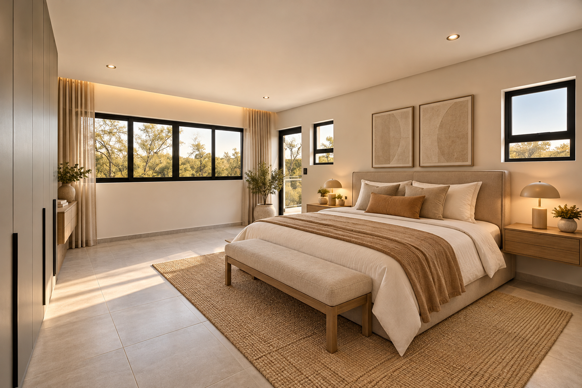 Spacious modern bedroom featuring neutral tones, built-in wardrobes, tiled flooring, and large windows providing ample natural light.