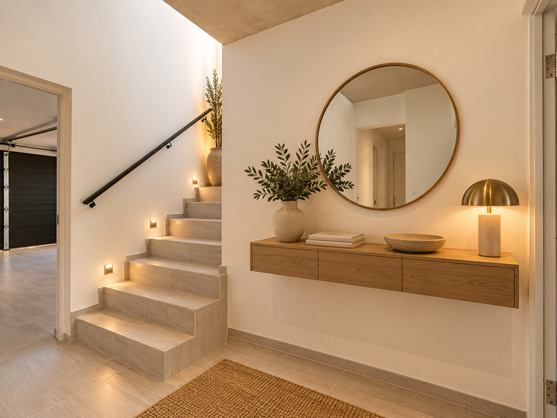 Modern entrance hall featuring tiled flooring, a floating console, and a staircase with integrated wall lighting.