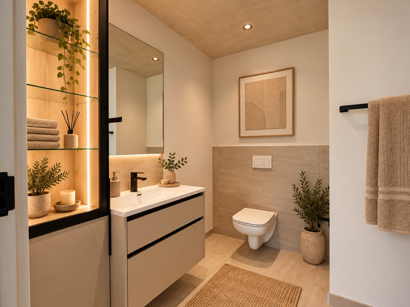 Modern, well-appointed bathroom featuring a wall-mounted toilet, sleek vanity with integrated sink, backlit mirror, and elegant recessed shelving with integrated lighting.