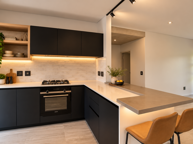 Modern kitchen featuring matte black cabinetry, stone countertops, integrated gas hob and oven, and a functional breakfast bar with ambient under-cabinet lighting.