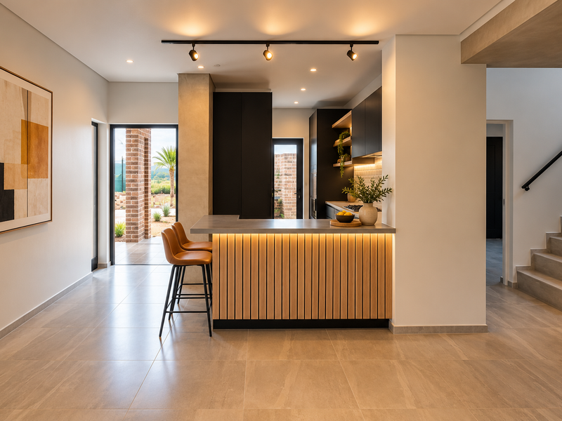 Modern open-plan living area featuring a contemporary kitchen island with timber detailing, sleek cabinetry, tiled floors, and an adjacent staircase.