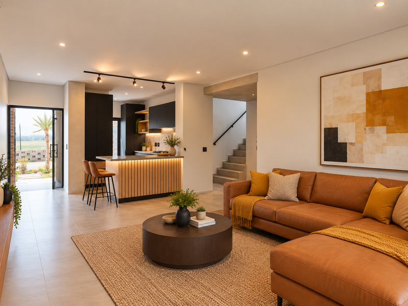 Modern open-plan living area featuring a contemporary kitchen with island, sleek cabinetry, recessed lighting, and seamless flow to the staircase and outdoor access.