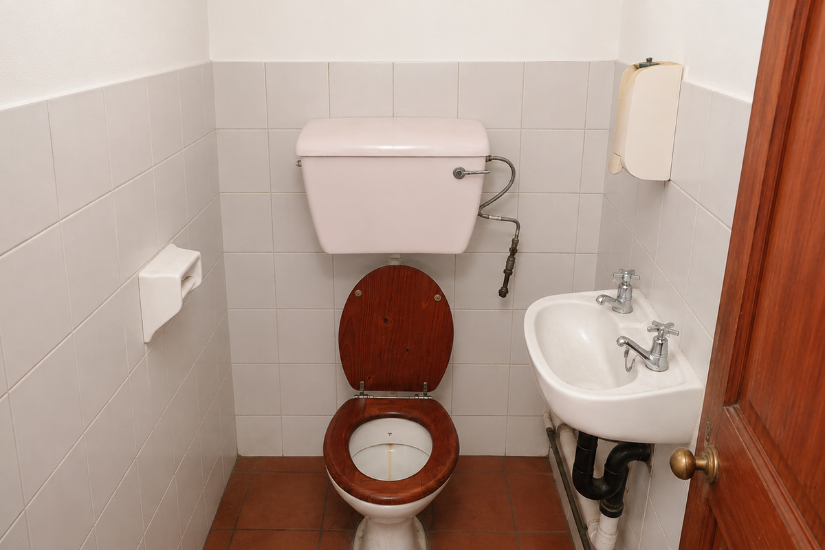 A compact, functional bathroom featuring tiled walls and flooring, a pedestal basin, and a wall-mounted toilet cistern.