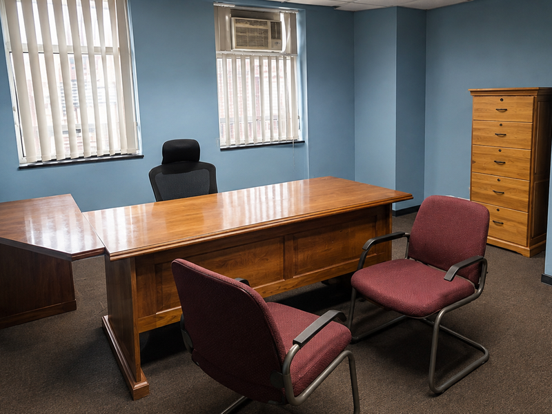 A functional office space featuring blue walls, carpeted flooring, vertical window blinds, and a built-in window air conditioning unit.