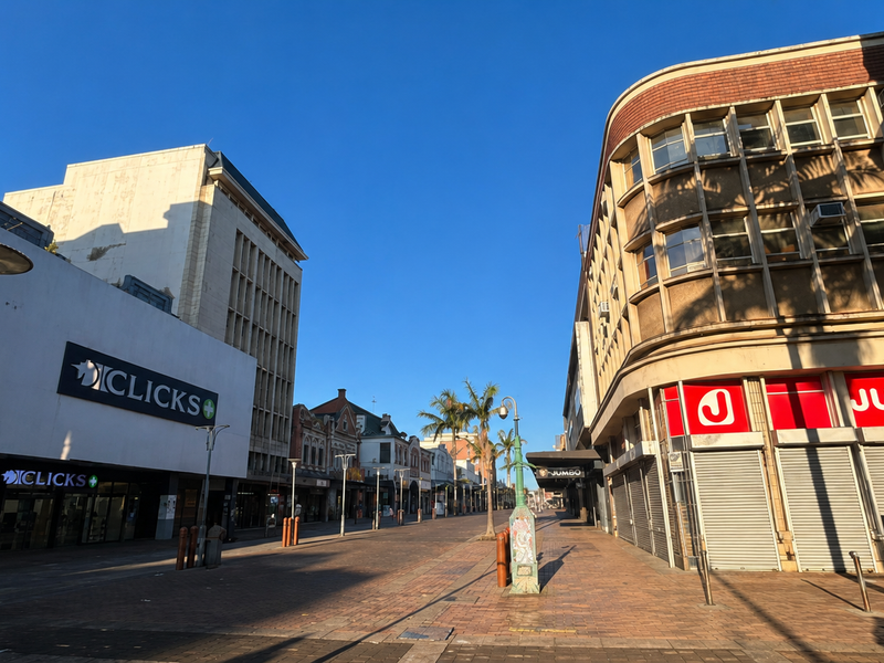 A street-level view of a commercial pedestrian area featuring retail storefronts with security shutters and multi-story building facades under a clear sky.