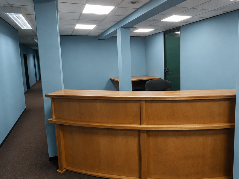 A commercial office entry area featuring a built-in wooden reception desk, blue painted walls, and a suspended ceiling with recessed lighting.