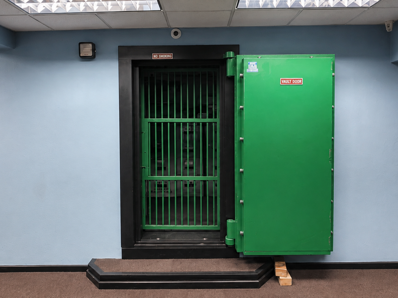 A secure utility space featuring a heavy-duty green vault door and integrated security gate, suitable for high-security storage or specialized commercial use.