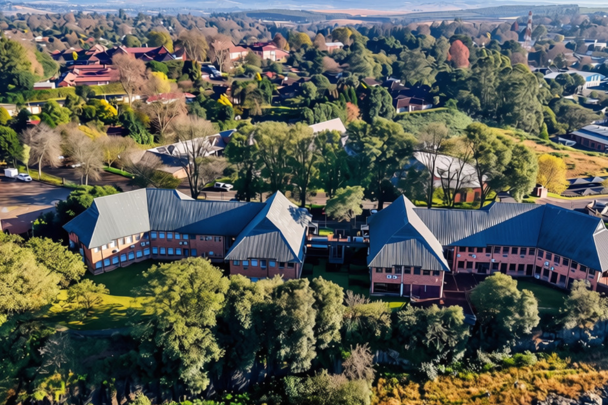 Aerial view of a multi-building office complex featuring brick construction, pitched metal roofing, and surrounding landscaped grounds with ample parking.