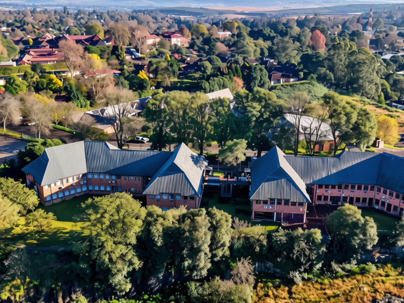 Aerial view of a multi-building office complex featuring brick construction, pitched metal roofing, and surrounding landscaped grounds with ample parking.