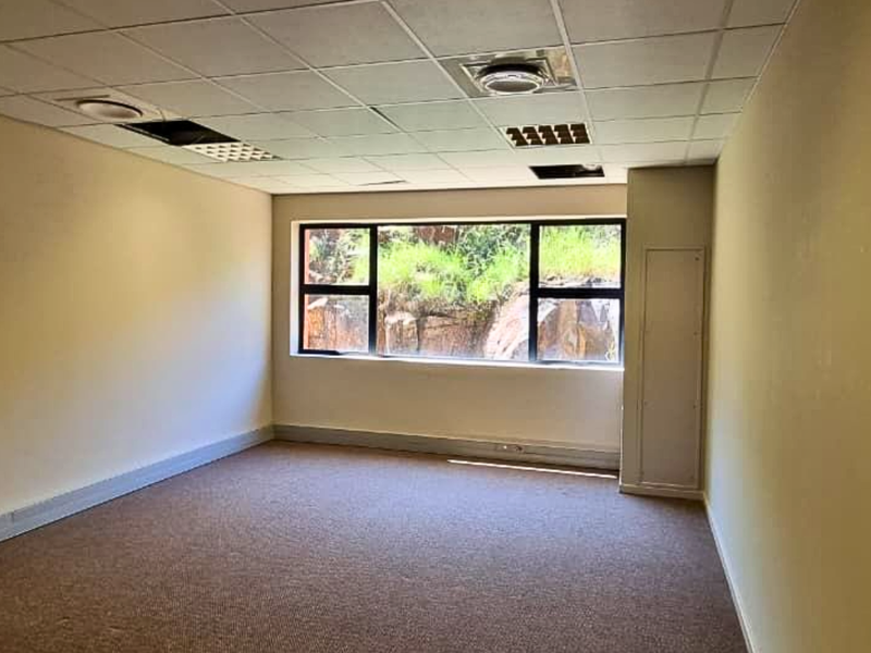 An empty office space featuring a suspended ceiling with recessed air conditioning vents, carpeted flooring, and a large window providing natural light.