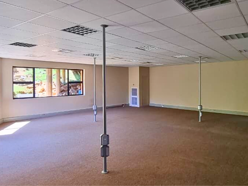 A spacious, empty open-plan office area featuring suspended ceilings, large windows providing natural light, and functional structural support columns.