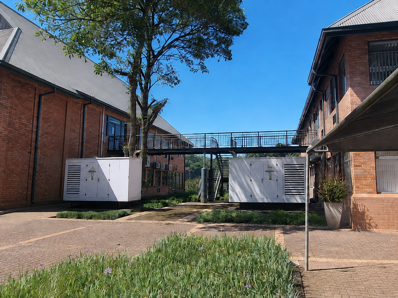 Exterior view of the Quarry Corner Haus office complex featuring brick architecture, a connecting pedestrian bridge, paved courtyard, and external power generators.