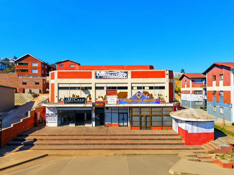 Front elevation of a commercial building featuring a multi-level brick facade, storefront entrances, and wide concrete steps leading to the main access area.