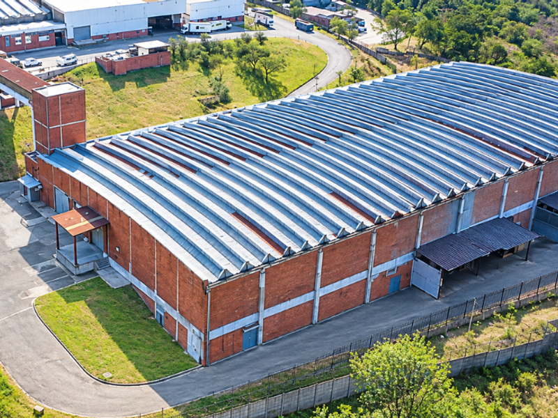 Aerial view of a large industrial warehouse facility featuring a corrugated metal roof, brick exterior, and dedicated loading bay access points.