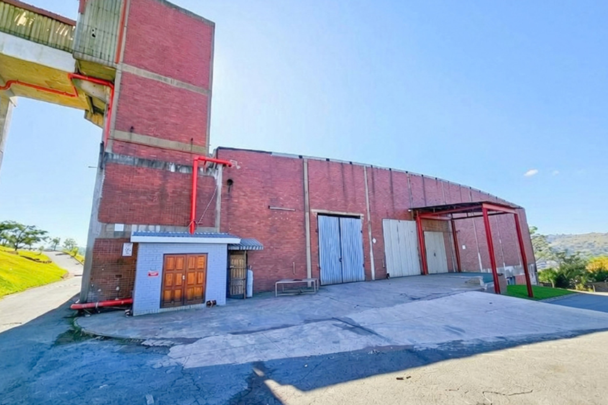 Rear industrial facade featuring brick construction, multiple roller shutter doors, a loading bay area, and external fire suppression infrastructure.