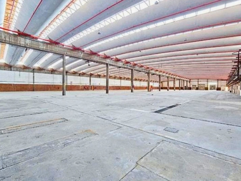 Expansive industrial warehouse space featuring high ceilings with integrated skylights, exposed steel structural columns, and durable concrete flooring throughout.