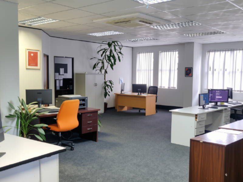 Open-plan commercial office space featuring carpeted flooring, suspended ceilings with recessed lighting, and integrated ducted air conditioning.