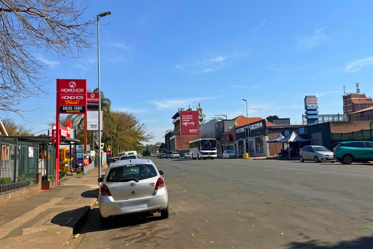 A street-level view of a commercial area featuring paved sidewalks, street lighting, and various commercial signage along the roadside.
