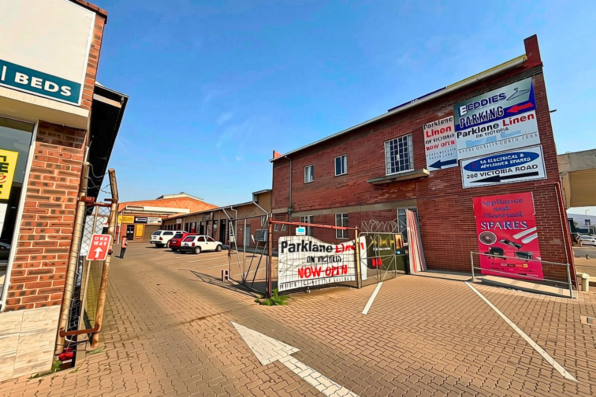 Front exterior view of a commercial property featuring brick facade, paved parking area, and multiple business signs.