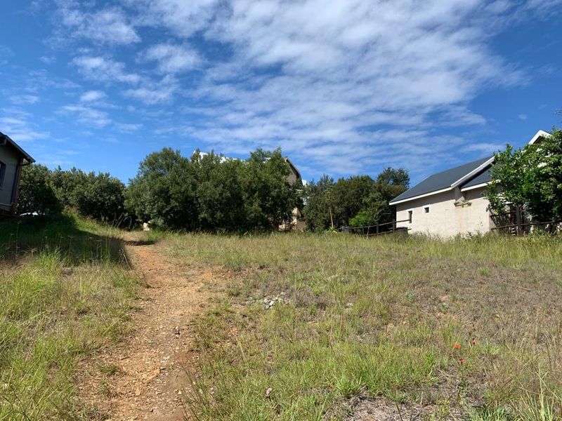 A view of an undeveloped residential plot featuring natural grass, vegetation, and a dirt pathway with neighboring properties visible in the background.