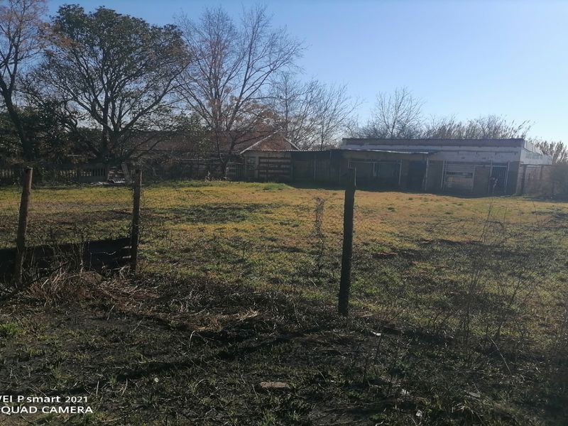 A view of a large, neglected plot of land featuring an older, single-story building structure in need of significant maintenance and landscaping.