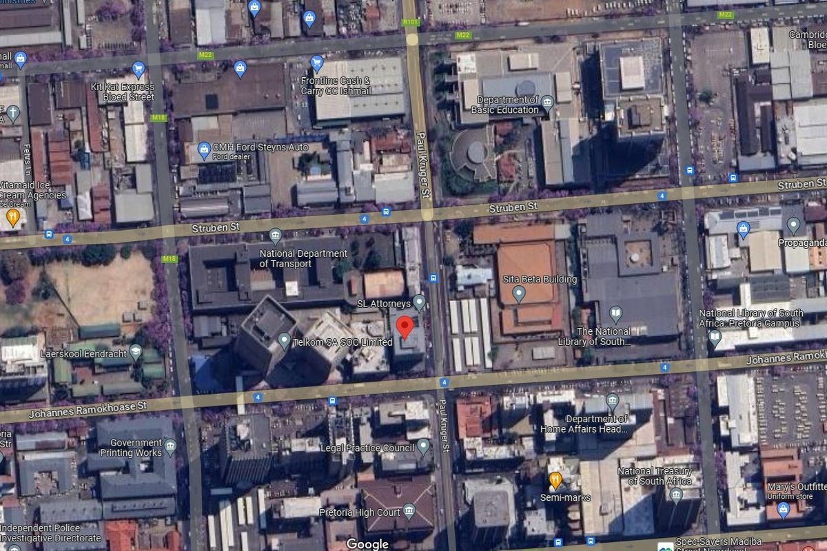 An aerial satellite view of the urban office district in Pretoria, showing surrounding infrastructure and major landmarks.