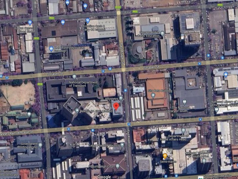 An aerial satellite view of the urban office district in Pretoria, showing surrounding infrastructure and major landmarks.