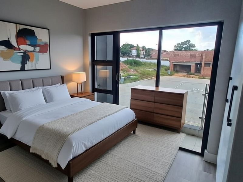 Modern bedroom featuring laminate flooring, neutral walls, and a large sliding glass door providing access to a balcony with exterior views.