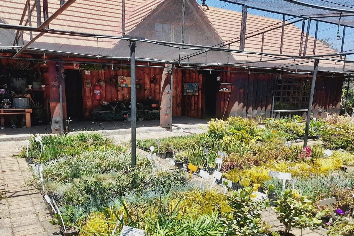 Exterior view of a rustic timber-clad building featuring a tiled roof and an extensive outdoor shade-covered nursery or garden area.