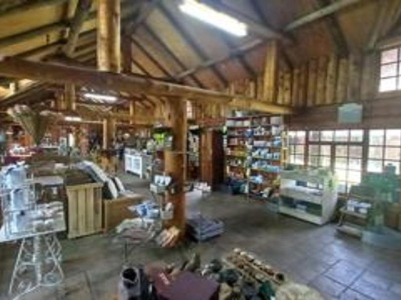 A rustic interior space featuring exposed timber beams, wood-clad walls, and tiled flooring, currently utilized as a retail or display area.