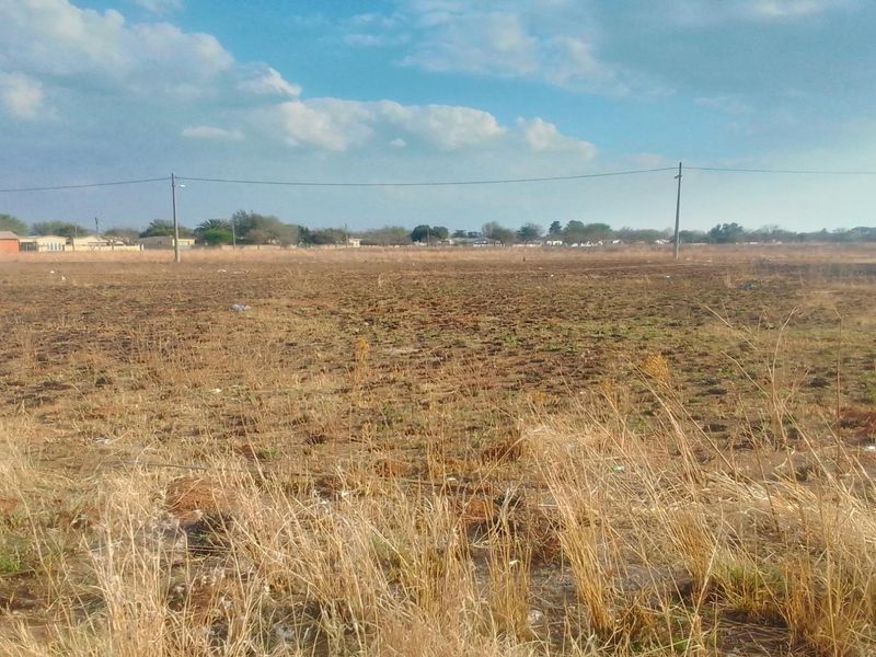 A wide, open vacant residential plot featuring dry grass and visible utility poles with overhead power lines.