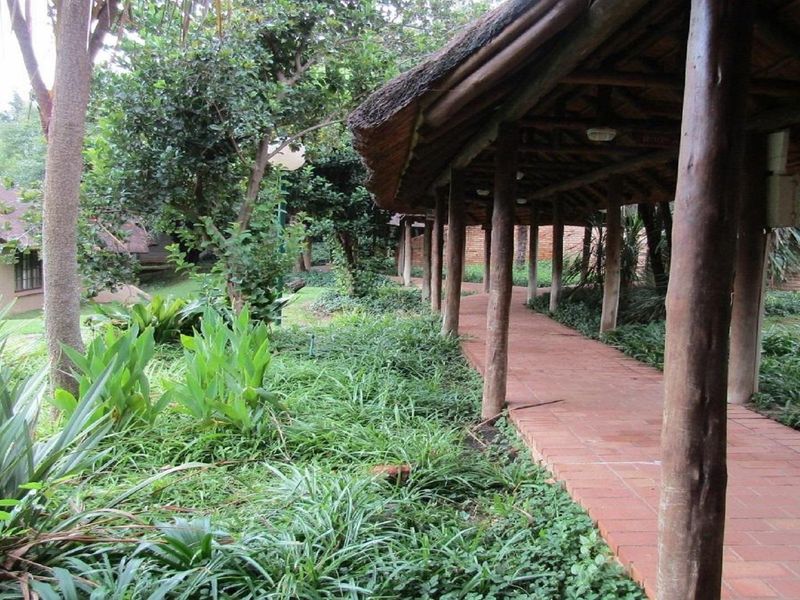 A covered brick walkway with a thatched roof structure winding through a lush, established garden setting.