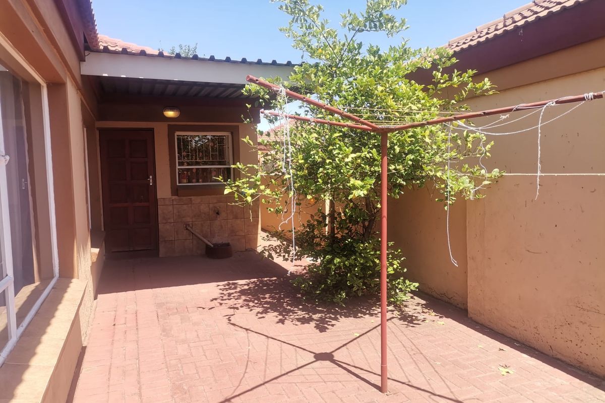 A paved rear courtyard area featuring a covered entrance, exterior wall tiling, and a mature citrus tree.